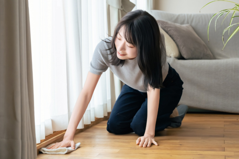 水拭き掃除をする人物